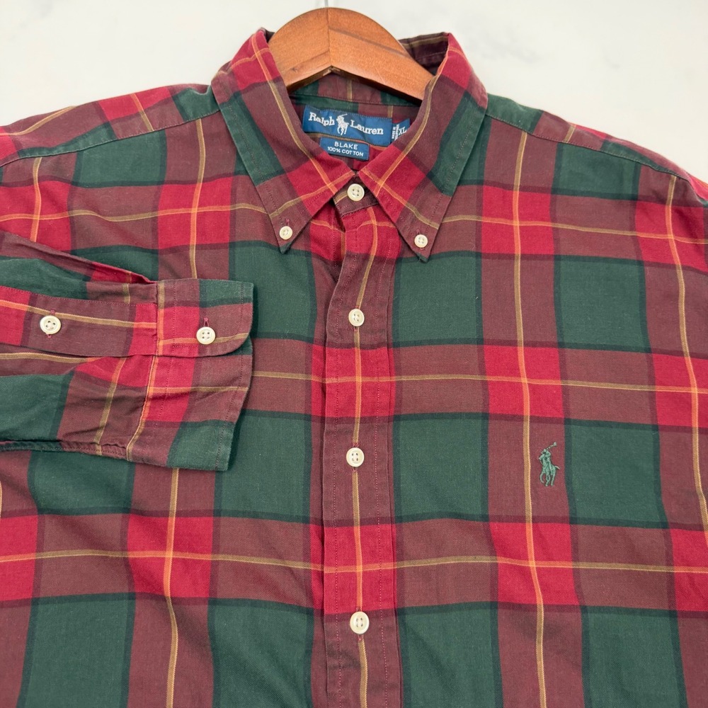 Ralph Lauren Blake Mens XL Red Green Plaid Button Down Shirt Cotton Long Sleeve